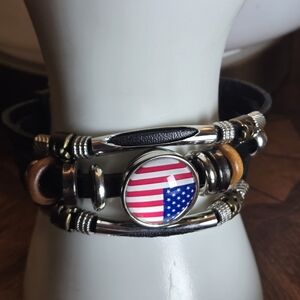 Black Leather Bracelet with American Flag Charm Adjustable Snap Closure